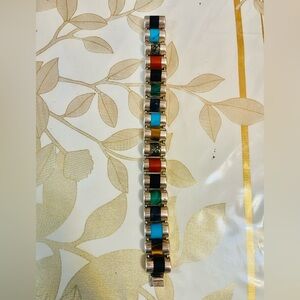 VINTAGE J COMES MEXICO 970 STERLING SILVER MULTI STONE MODERN BRACELET 50 G 7”